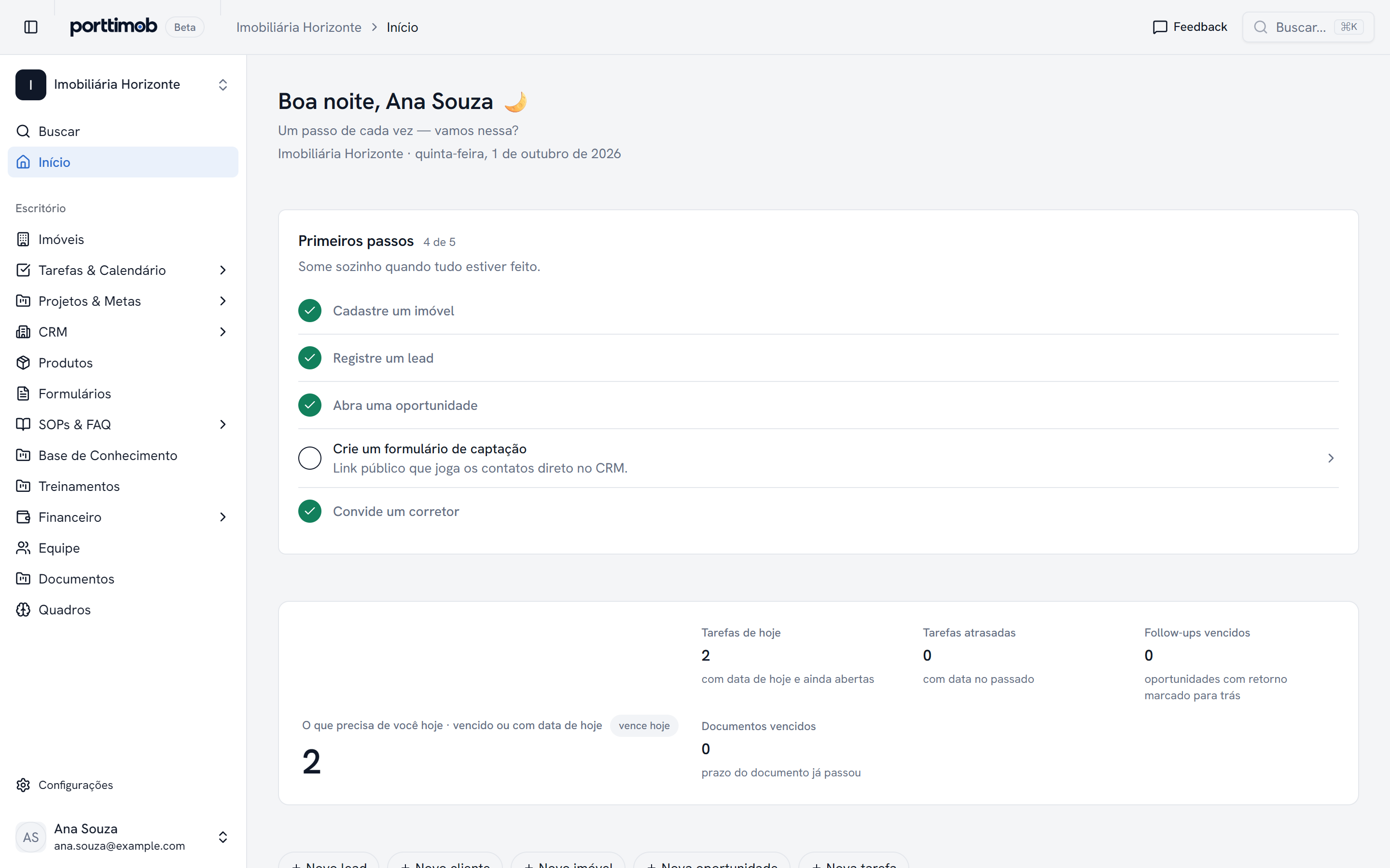 Tela Inicial do Porttimob com Métricas e Tarefas